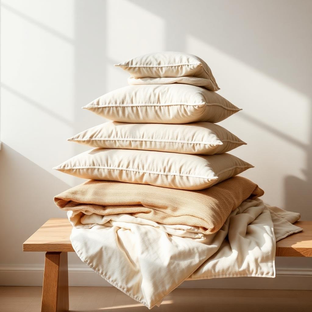 Stacked down-alternative pillows and comforters