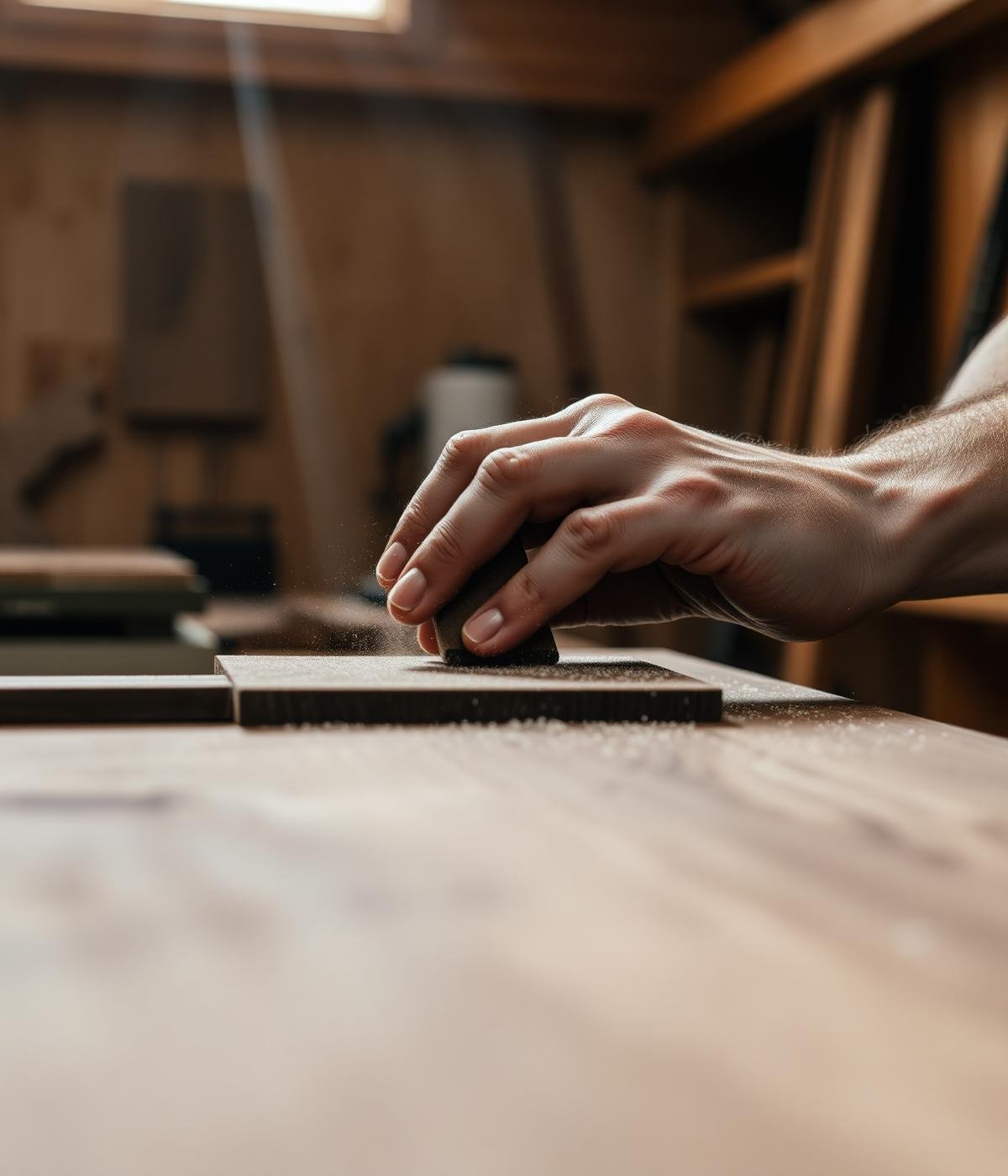 Craftsman hand-sanding a wood joint in the Fine Forrest workshop
